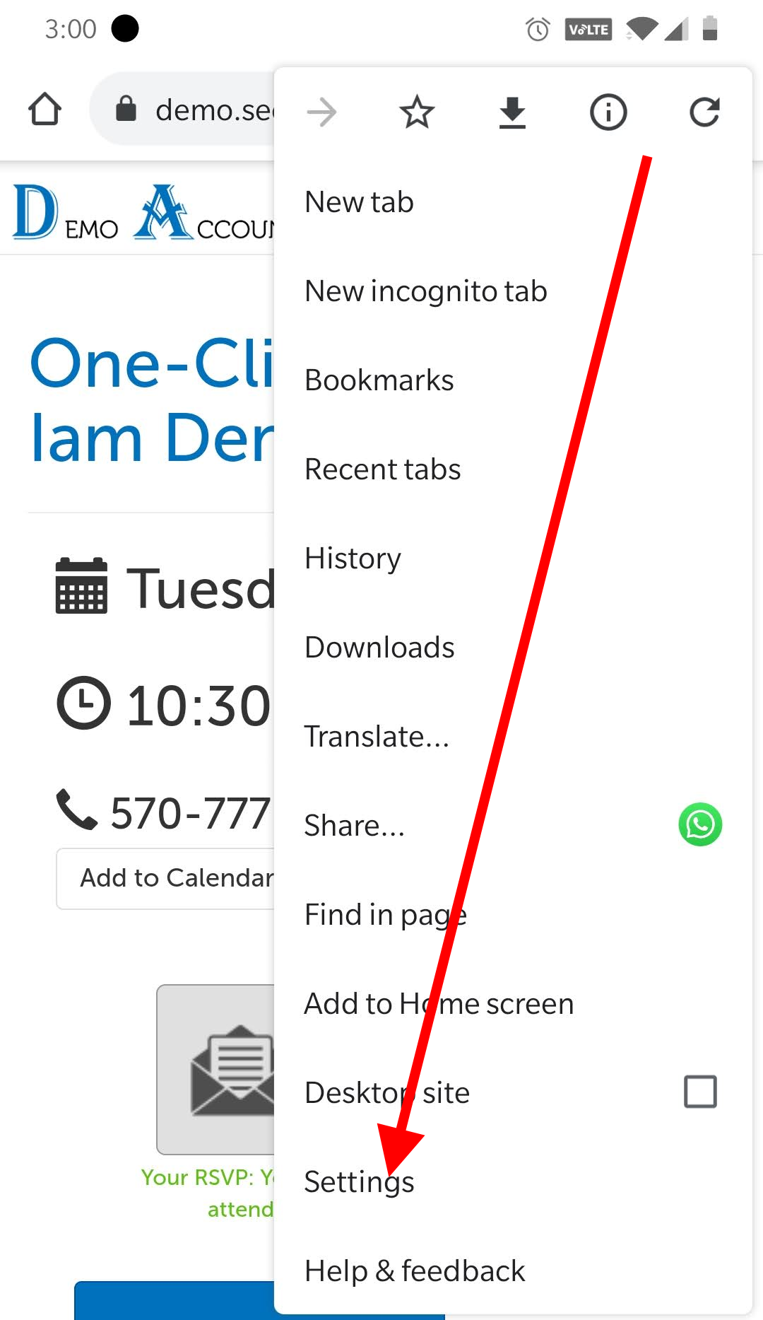 Arrow pointing at the Settings option